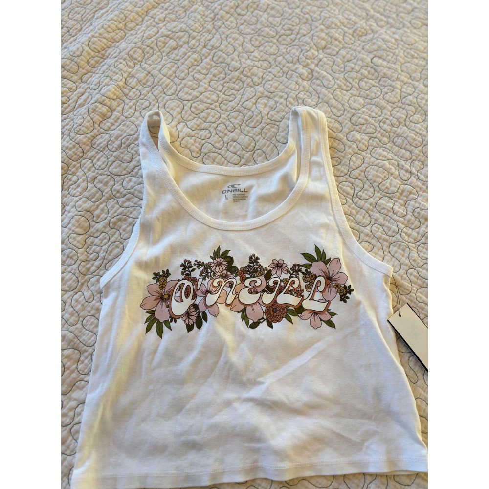 O'Neill Womens Floral Logo Cropped Tank Top White Scoop Neck Size Large #248‎